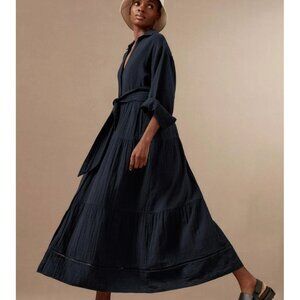 NWOT ME+EM Cheesecloth ButtonFront Maxi Shirt Dress in Navy Size: 8